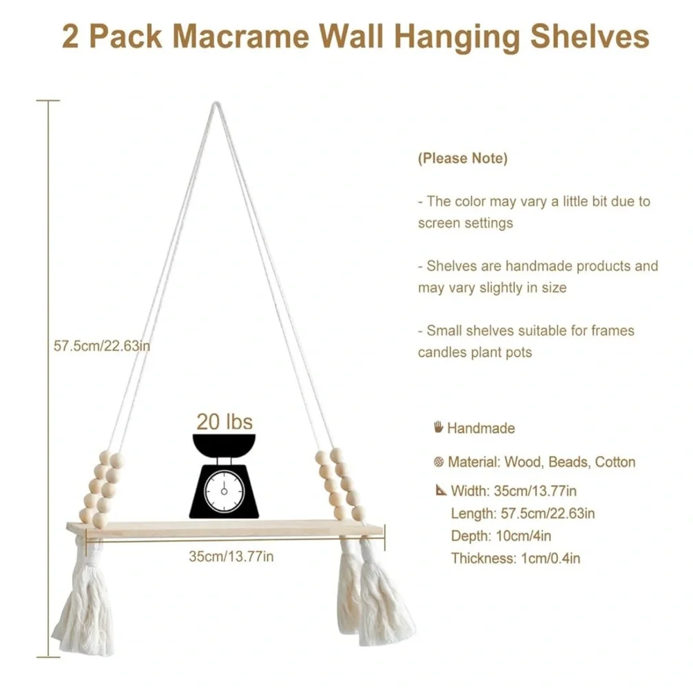 Black Natural Wood Hanging Wall Shelves with Tassels set (2)